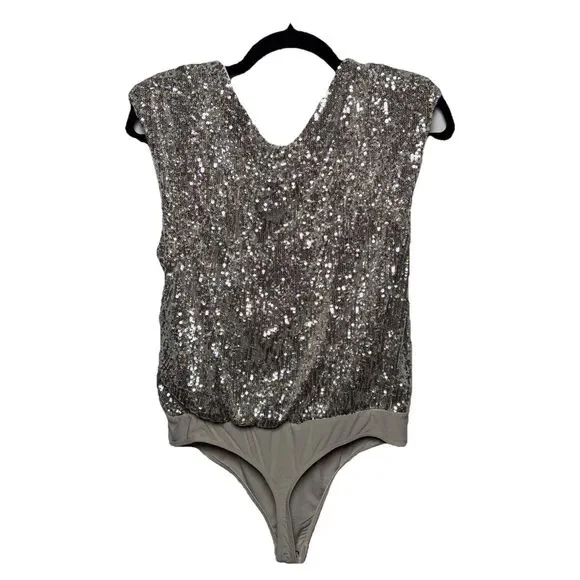Express Womens Small  Silver Sequin Sparkly Stretchy Bodysuit Y2K Glam party - Picture 2 of 7
